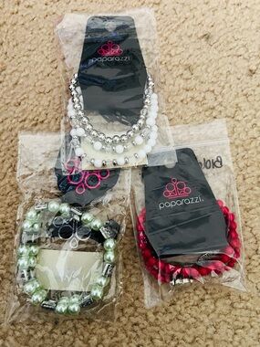 Paparazzi Multi-Pack Beaded Bracelet Set — White and Silver, Pale Green, Pink